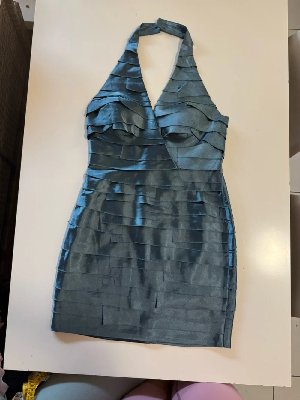 bebe Shiny Slate Blue Satin Top - Picture 2 of 11
